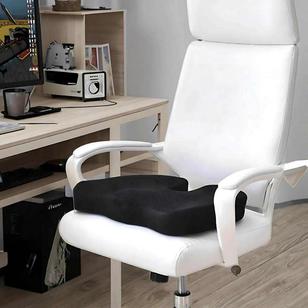 BackEase™ ergonomic back support seat cushion in black.