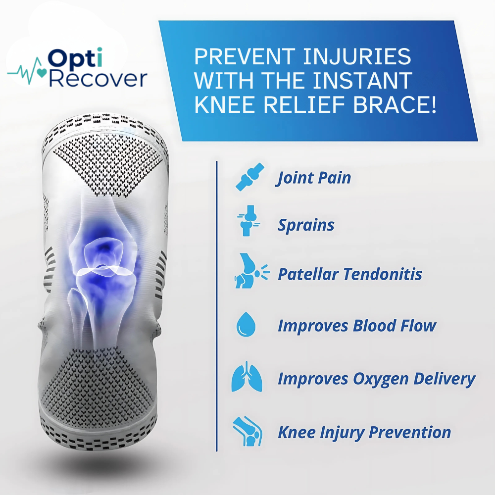 Knee brace with Opti Recover branding and text about knee relief benefits on a white background