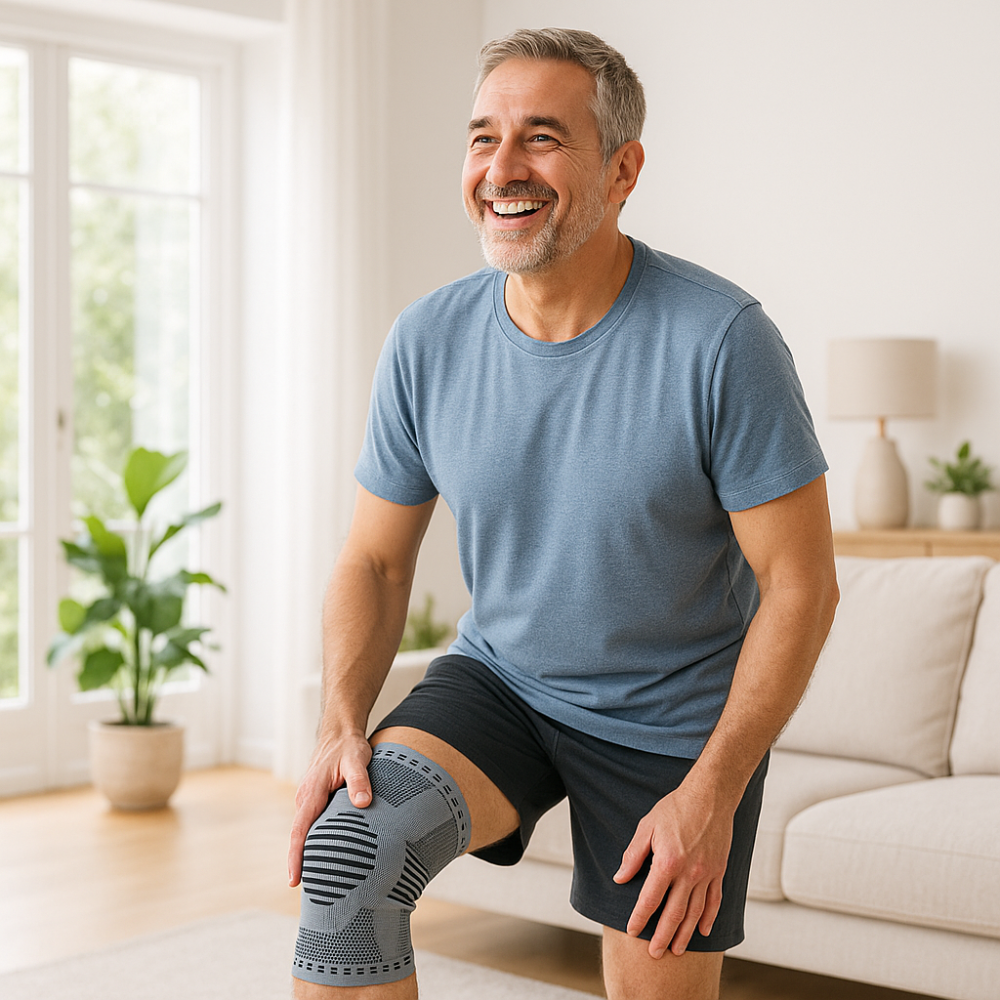 Man wearing a blue shirt and black shorts with a knee brace, smiling in a living room.