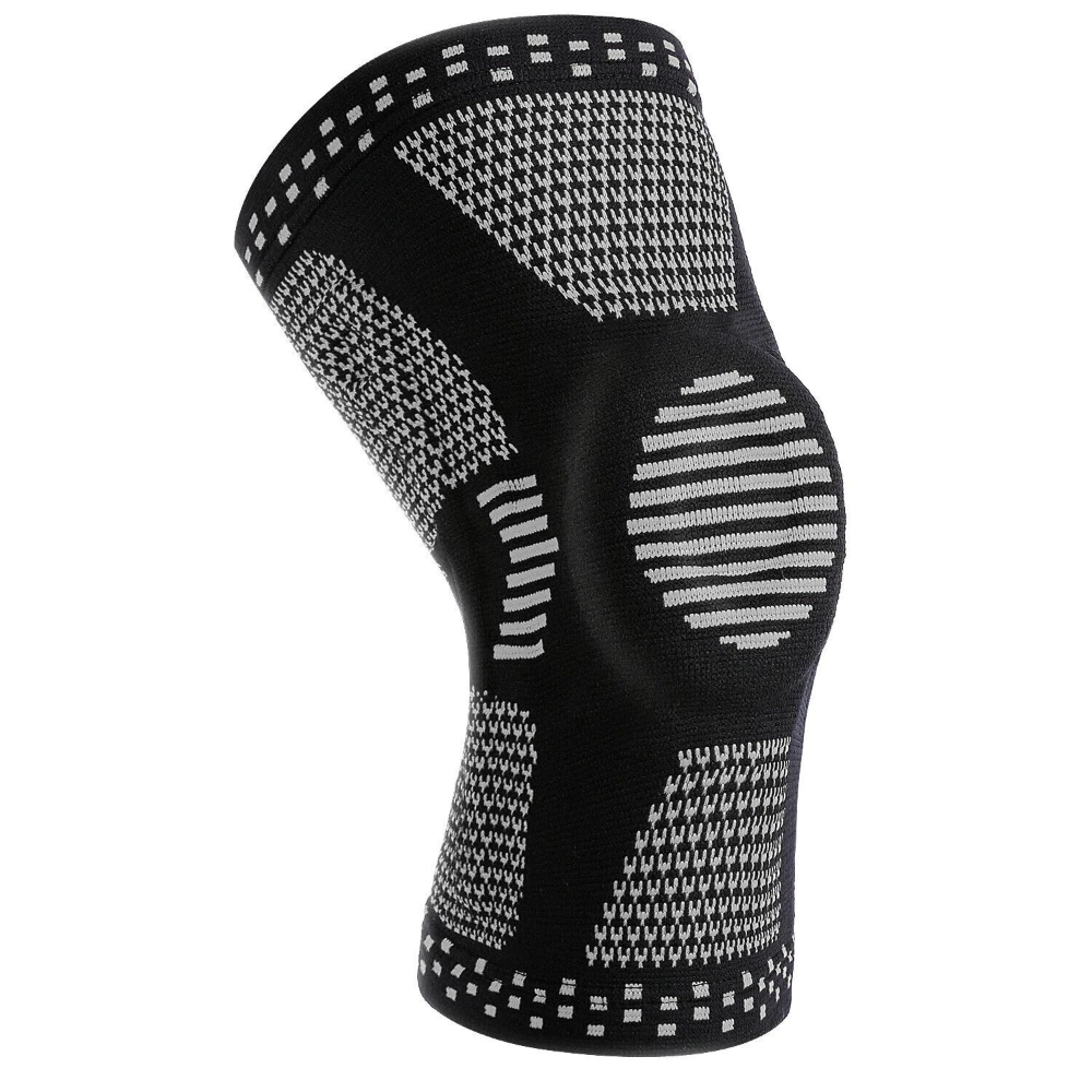 Black and white patterned knee brace on a white background