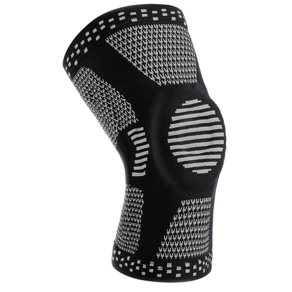Black and white patterned knee brace on a white background