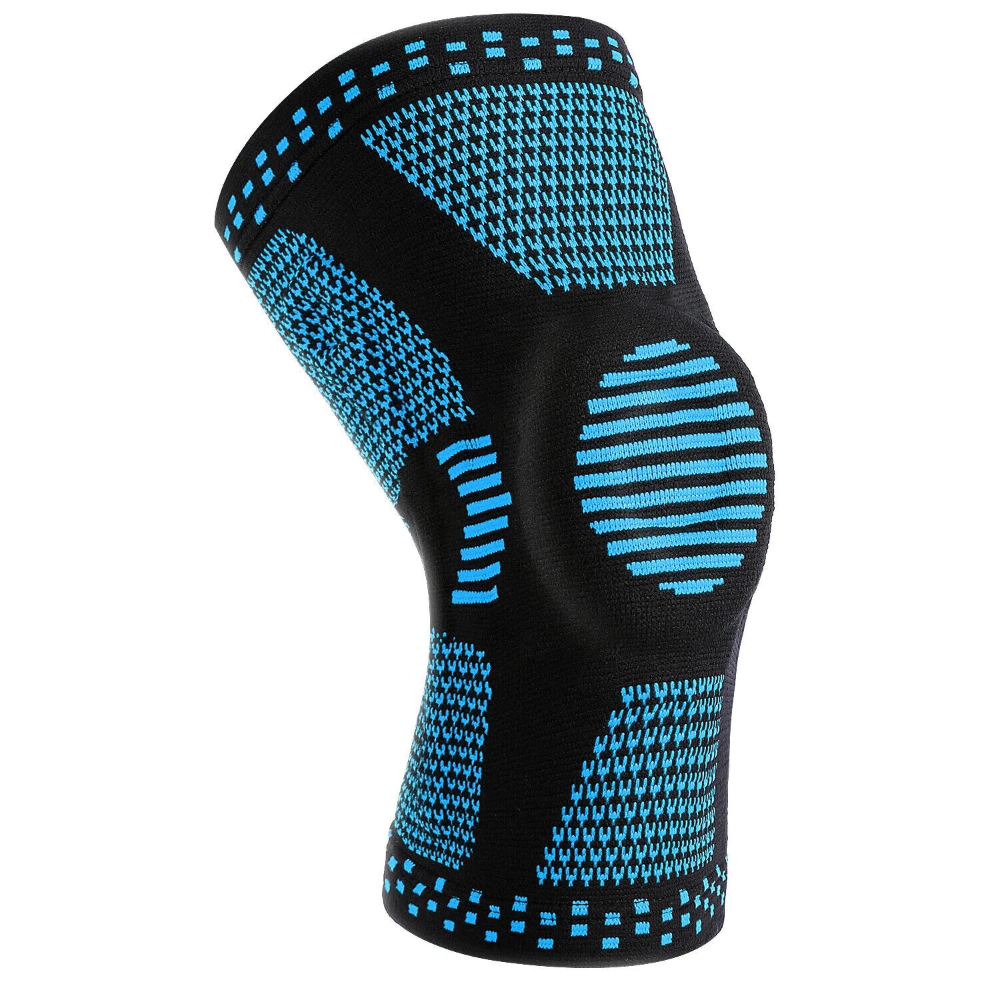 Black and blue knee brace on a white background