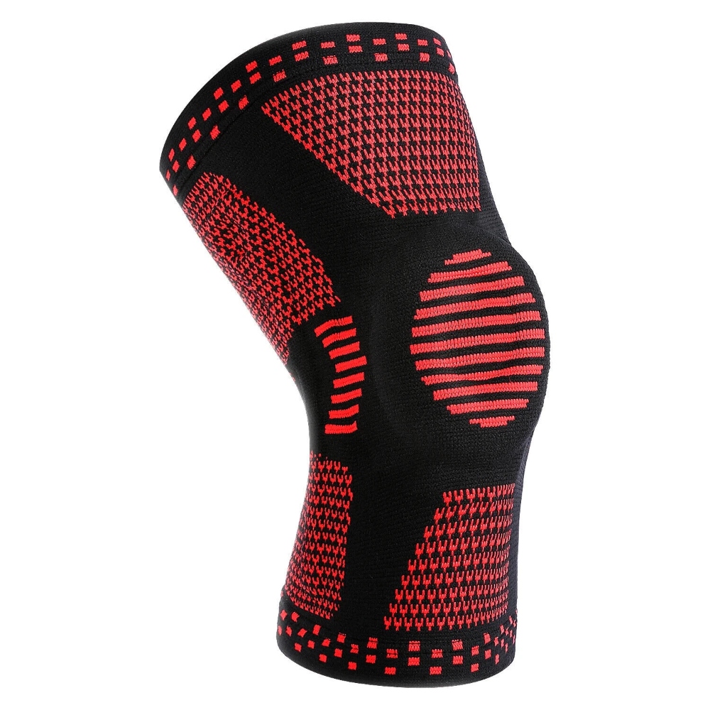 Black and red patterned knee brace on a white background